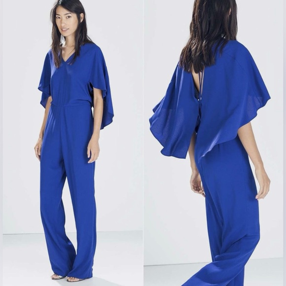 Zara Pants - ZARA Low Cut Back Flowing Cape Long Palazzo Jumpsuit Royal Blue Size M